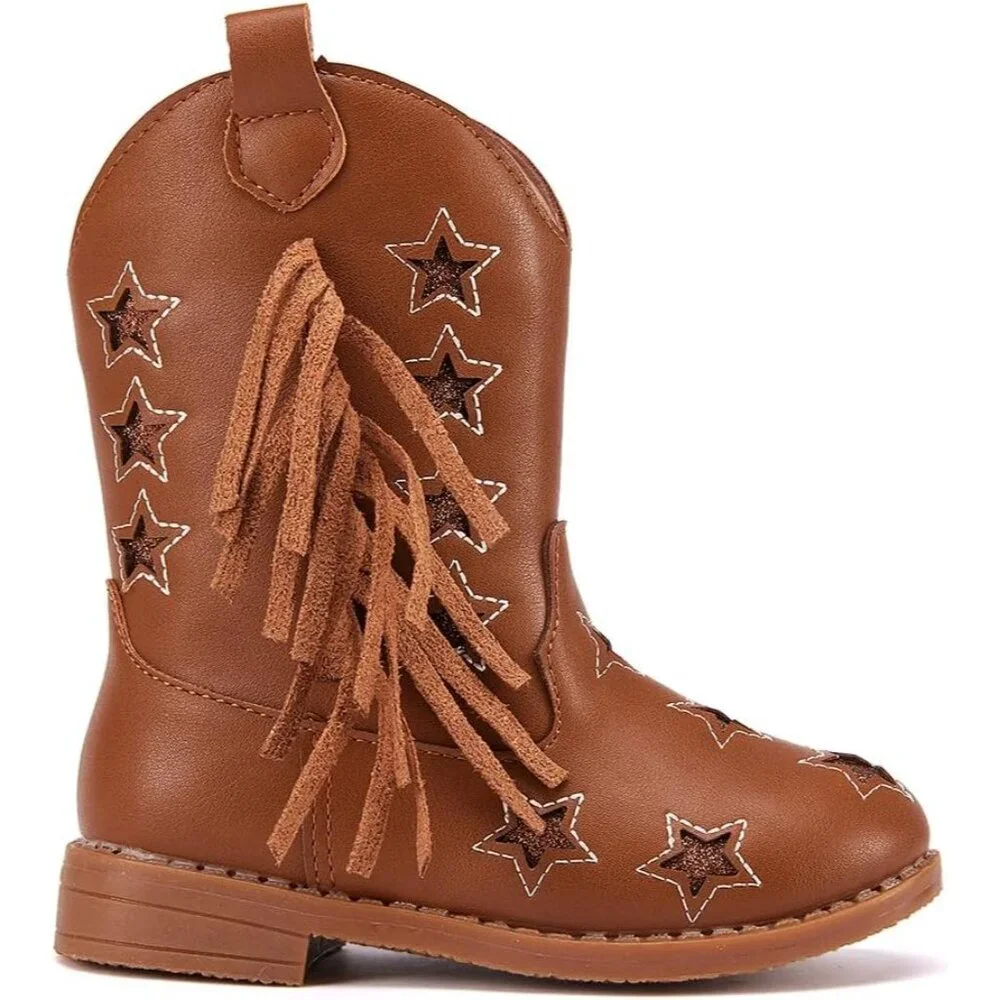 ⚡Girls 1-Brown Microfiber Little Kids Mid Calf Western Pointed Toe Riding Boots